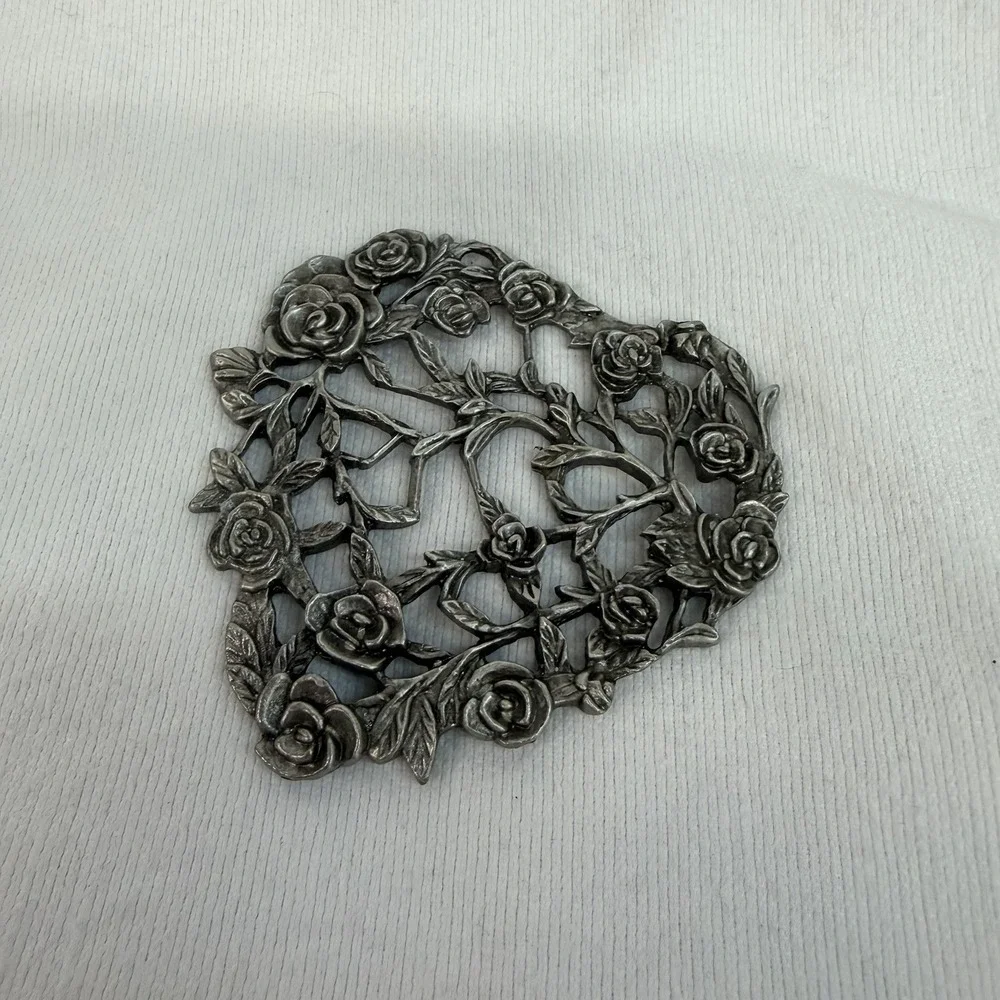 Vintage Pewter & Glass Trinket Potpourri Dish With 3D Roses & Leaves